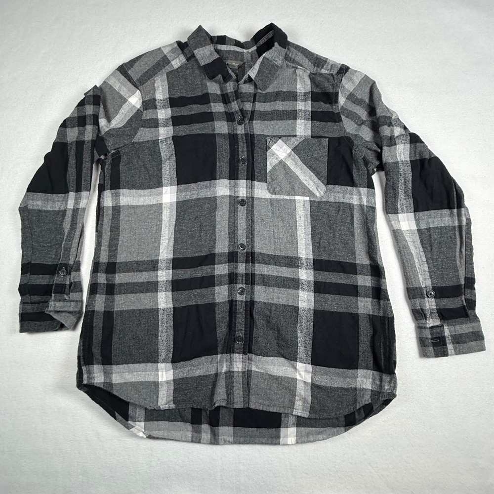 Eddie Bauer Womens Medium Flannel Shirt Button Up Black Gray Plaid Cotton